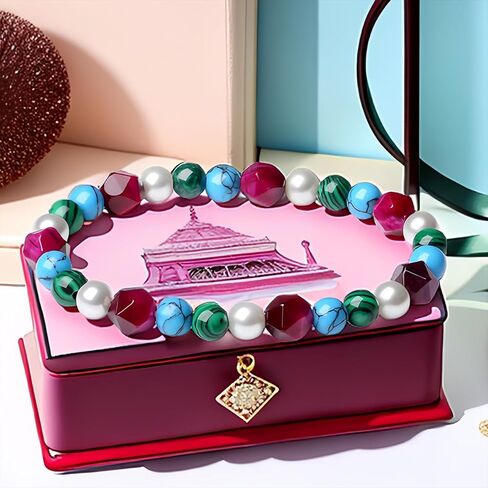 Handmade Original Jewelry Women's Stretch Bracelets with Beaded Healing Crystal Gemstone Natural Stone 8MM Tahitian Cultured Pearl and 18K rose gold Ball (Blue Tiger Eye-Tahitian Pearl) in Kuwait