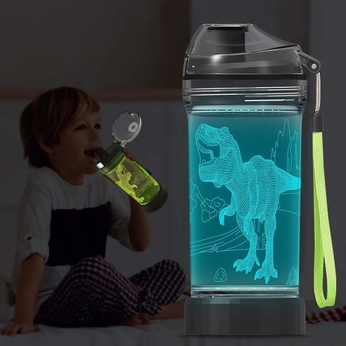 YuanDian Light Up Kids Water Bottle with 3D Dinosaur Tyrannosaurus Rex Design- 14 OZ Tritan BPA Free Eco-Friendly - Cool Drinking Cups Gift for School Kids Boy Girl Child Christmas Holiday in Saudi Arabia