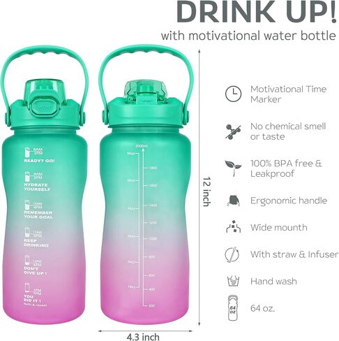 WELTRXE 64oz Water Bottle with Time Marker and Straw, BPA Free Leak Proof Half Gallon Large Motivational Water Bottle with Fruit Infuser Gym Water Jug for Fitness, Camping, Travel and Outdoor Sports in Saudi Arabia