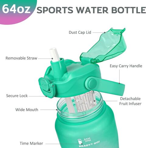 WELTRXE 64oz Water Bottle with Time Marker and Straw, BPA Free Leak Proof Half Gallon Large Motivational Water Bottle with Fruit Infuser Gym Water Jug for Fitness, Camping, Travel and Outdoor Sports in Saudi Arabia