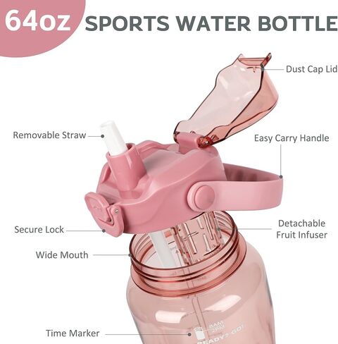 WELTRXE 64oz Water Bottle with Time Marker and Straw, BPA Free Leak Proof Half Gallon Large Motivational Water Bottle with Fruit Infuser Gym Water Jug for Fitness, Camping, Travel and Outdoor Sports in Saudi Arabia