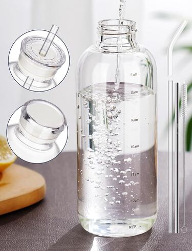 NiHome 25oz/750ml Clear Glass Water Bottle with 2 Caps & Stainless-Steel Straw, Temperature Resistant Durable High Borosilicate Glass Drinkware with Leak-Proof Seal for Travel, Gym, School & Home Use in Kuwait