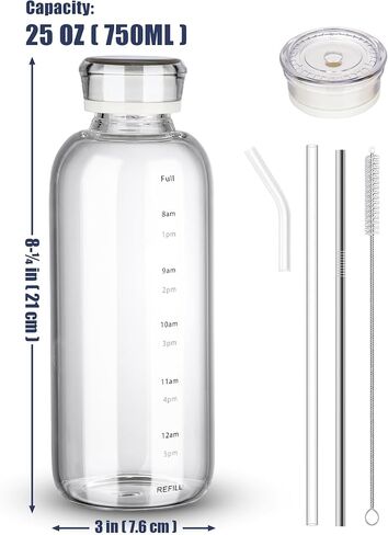 NiHome 25oz/750ml Clear Glass Water Bottle with 2 Caps & Stainless-Steel Straw, Temperature Resistant Durable High Borosilicate Glass Drinkware with Leak-Proof Seal for Travel, Gym, School & Home Use in Kuwait