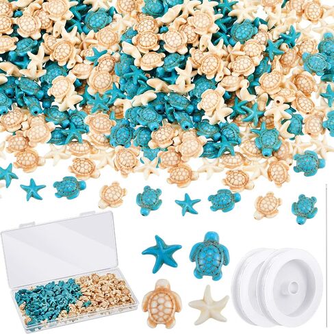 Kigley 200 Pcs Turtle Beads Turtle Shape Turquoise Beads Synthetic Ocean Sea Theme Turtle Charms for Jewelry Making Bracelets Necklace Earrings Hair Ties DIY with Thread and Needle (Turtle, Starfish) in Saudi Arabia