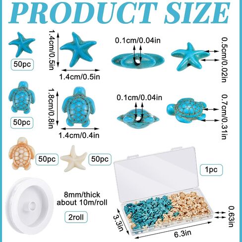Kigley 200 Pcs Turtle Beads Turtle Shape Turquoise Beads Synthetic Ocean Sea Theme Turtle Charms for Jewelry Making Bracelets Necklace Earrings Hair Ties DIY with Thread and Needle (Turtle, Starfish) in Saudi Arabia