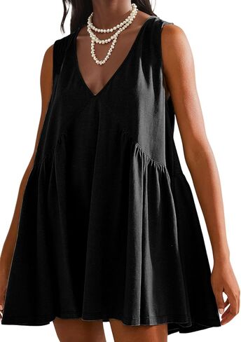 Womens Summer Sleeveless Mini Dress Casual Loose V Neck Sundress Swing Flowy Beach Dress with Pocket Pleated Dresses in Saudi Arabia