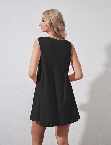 Womens Summer Sleeveless Mini Dress Casual Loose V Neck Sundress Swing Flowy Beach Dress with Pocket Pleated Dresses in Saudi Arabia