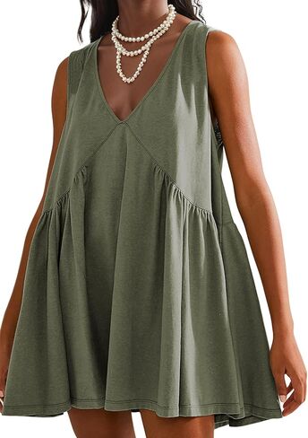 Womens Summer Sleeveless Mini Dress Casual Loose V Neck Sundress Swing Flowy Beach Dress with Pocket Pleated Dresses in Saudi Arabia