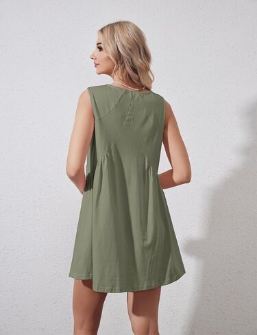 Womens Summer Sleeveless Mini Dress Casual Loose V Neck Sundress Swing Flowy Beach Dress with Pocket Pleated Dresses in Saudi Arabia