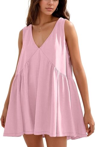 فستان نسائي صيفي قصير بدون أكمام كاجوال فضفاض بياقة على شكل حرف V فستان شاطئ متأرجح مع جيوب بطيات in Kuwait