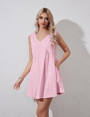 فستان نسائي صيفي قصير بدون أكمام كاجوال فضفاض بياقة على شكل حرف V فستان شاطئ متأرجح مع جيوب بطيات in Kuwait