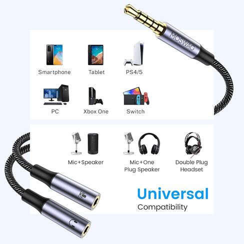 MOSWAG سماعة رأس Mic Splitter، سماعة رأس Splitter 3.5mm 2 أنثى إلى 1 ذكر ميكروفون وصوت Y Splitter، كابل مقسم سماعة الرأس TRRS مع مقبس ميكروفون صوتي منفصل لأجهزة الكمبيوتر المحمول والكمبيوتر اللوحي والألعاب وما إلى ذلك in Saudi Arabia