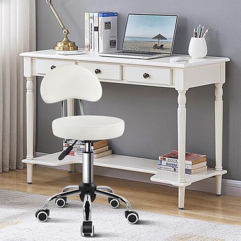 KKTONER Rolling Stool with Mid Back Height Adjustable Chair PU Leather Swivel Chair with Wheels for Office Home Task Drafting (White) in Kuwait