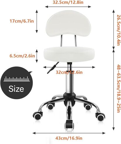 KKTONER Rolling Stool with Mid Back Height Adjustable Chair PU Leather Swivel Chair with Wheels for Office Home Task Drafting (White) in Kuwait