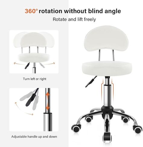 KKTONER Rolling Stool with Mid Back Height Adjustable Chair PU Leather Swivel Chair with Wheels for Office Home Task Drafting (White) in Kuwait