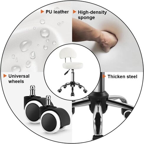 KKTONER Rolling Stool with Mid Back Height Adjustable Chair PU Leather Swivel Chair with Wheels for Office Home Task Drafting (White) in Kuwait