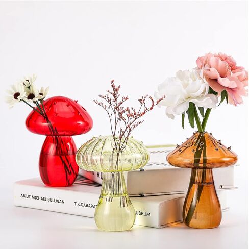 Rtteri Mushroom Vase (3 Pcs), Glass Plant Flower Pot, Colored Bud Vase, Hydroponic Container, Transparent, Green, Red, Brown, for Home Wedding Garden Decor in Saudi Arabia