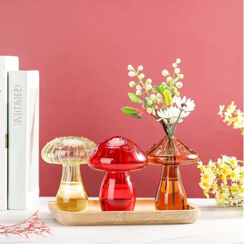 Rtteri Mushroom Vase (3 Pcs), Glass Plant Flower Pot, Colored Bud Vase, Hydroponic Container, Transparent, Green, Red, Brown, for Home Wedding Garden Decor in Saudi Arabia