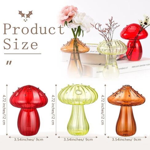 Rtteri Mushroom Vase (3 Pcs), Glass Plant Flower Pot, Colored Bud Vase, Hydroponic Container, Transparent, Green, Red, Brown, for Home Wedding Garden Decor in Saudi Arabia