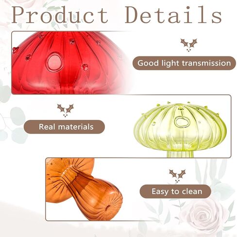 Rtteri Mushroom Vase (3 Pcs), Glass Plant Flower Pot, Colored Bud Vase, Hydroponic Container, Transparent, Green, Red, Brown, for Home Wedding Garden Decor in Saudi Arabia