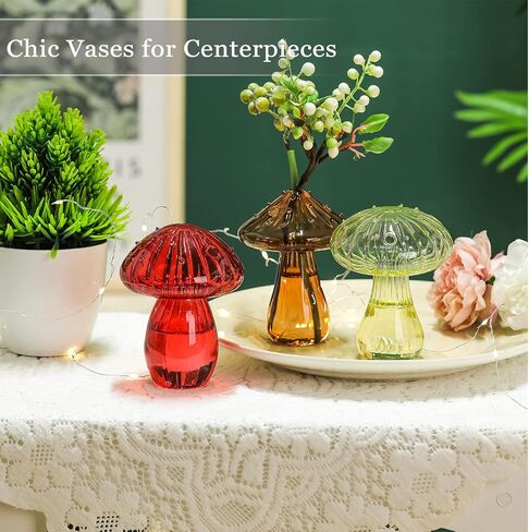 Rtteri Mushroom Vase (3 Pcs), Glass Plant Flower Pot, Colored Bud Vase, Hydroponic Container, Transparent, Green, Red, Brown, for Home Wedding Garden Decor in Saudi Arabia