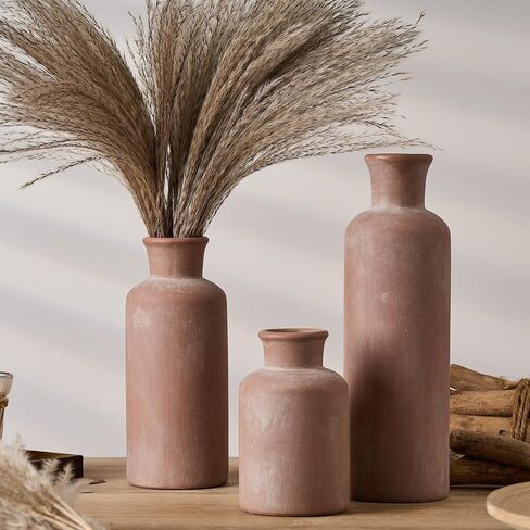 SIDUCAL Ceramic Rustic Farmhouse Vase Set of 3, Whitewashed Terracotta Vase, Pottery Vase,Clay Decorative Vases for Home Decor, Living Room, Shelf, Mantel Decoration(Brick-red) in Saudi Arabia