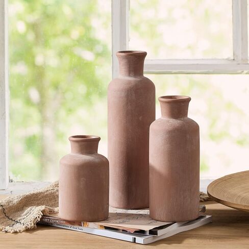 SIDUCAL Ceramic Rustic Farmhouse Vase Set of 3, Whitewashed Terracotta Vase, Pottery Vase,Clay Decorative Vases for Home Decor, Living Room, Shelf, Mantel Decoration(Brick-red) in Saudi Arabia