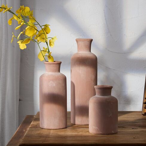 SIDUCAL Ceramic Rustic Farmhouse Vase Set of 3, Whitewashed Terracotta Vase, Pottery Vase,Clay Decorative Vases for Home Decor, Living Room, Shelf, Mantel Decoration(Brick-red) in Saudi Arabia