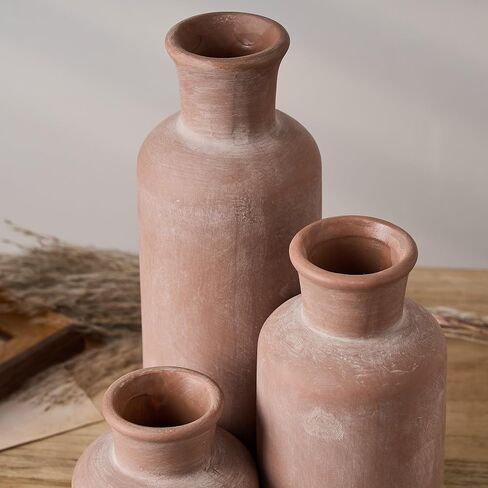SIDUCAL Ceramic Rustic Farmhouse Vase Set of 3, Whitewashed Terracotta Vase, Pottery Vase,Clay Decorative Vases for Home Decor, Living Room, Shelf, Mantel Decoration(Brick-red) in Saudi Arabia