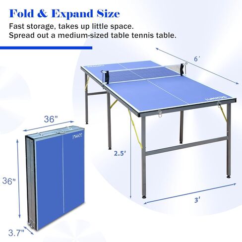 6ft Mid-Size Table Tennis Table Foldable & Portable Ping Pong Table Set for Indoor & Outdoor Games with Net, 2 Table Tennis Paddles and 3 Balls in Kuwait