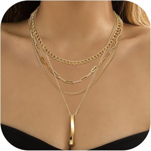 ORAZIO Layered Necklaces for Women,14K Gold Plated/Silver Stacked Necklaces for Women,Dainty Pearl Paper Clip Chain Pendant Choker Necklace Set Cute CZ Stackable Womens Necklaces Trendy Gold Y Necklace Jewelry Set Gift in Saudi Arabia