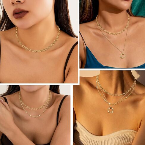 ORAZIO Layered Necklaces for Women,14K Gold Plated/Silver Stacked Necklaces for Women,Dainty Pearl Paper Clip Chain Pendant Choker Necklace Set Cute CZ Stackable Womens Necklaces Trendy Gold Y Necklace Jewelry Set Gift in Saudi Arabia