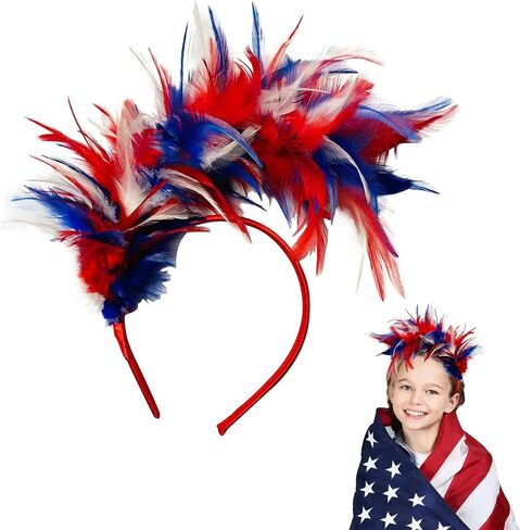 عصابة رأس نسائية من الرابع من يوليو باللون الأحمر والأبيض والأزرق - زي الرابع من يوليو - عصابة رأس باللونين الأحمر والأبيض والأزرق - زي عصابة رأس العم سام - زي حفلة أغطية الرأس من الريش ليوم الاستقلال in Kuwait