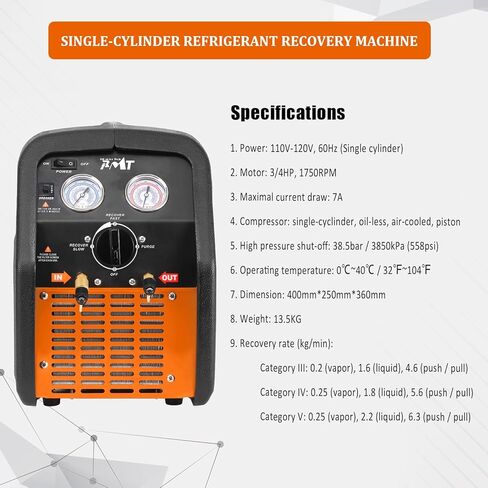 آلة استرداد غاز التبريد PB Motor Tech 3/4HP، وحدة إعادة تدوير الفريون 110 فولت 60 هرتز - محمولة، بدون زيت، ومتعددة الاستخدامات لأنظمة تكييف الهواء للسيارات والمنزلية. يعيد تدوير كل من سائل التبريد والبخار in Kuwait