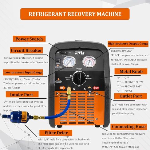 آلة استرداد غاز التبريد PB Motor Tech 3/4HP، وحدة إعادة تدوير الفريون 110 فولت 60 هرتز - محمولة، بدون زيت، ومتعددة الاستخدامات لأنظمة تكييف الهواء للسيارات والمنزلية. يعيد تدوير كل من سائل التبريد والبخار in Kuwait