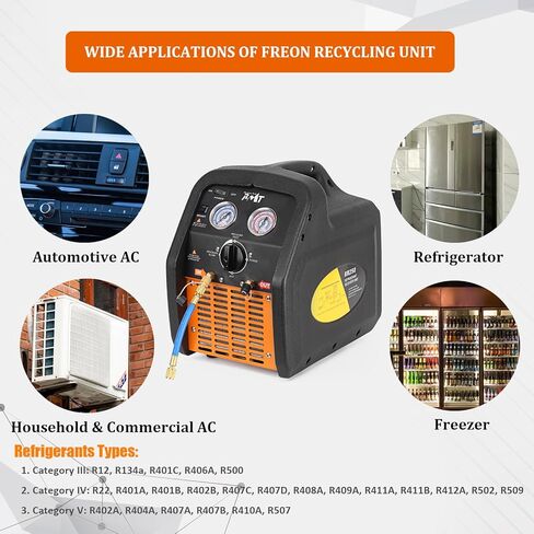 آلة استرداد غاز التبريد PB Motor Tech 3/4HP، وحدة إعادة تدوير الفريون 110 فولت 60 هرتز - محمولة، بدون زيت، ومتعددة الاستخدامات لأنظمة تكييف الهواء للسيارات والمنزلية. يعيد تدوير كل من سائل التبريد والبخار in Kuwait