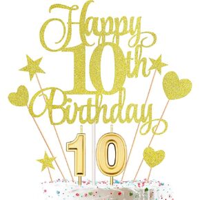 10th Birthday Cake Decorations Set Include 10th Birthday Candles Numeral 10 Cake Candles and Happy 10th Birthday Cake Toppers with Heart Star Cupcake Picks for Birthday Party (Black Series)