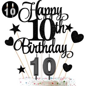 مجموعة ديكورات كعكة عيد الميلاد العاشر تتضمن شموع عيد الميلاد العاشر أرقام 10 شموع كعكة وأغطية كعكة عيد الميلاد العاشر السعيد مع أعواد كب كيك على شكل نجمة قلب لحفلات أعياد الميلاد (سلسلة ذهبية)