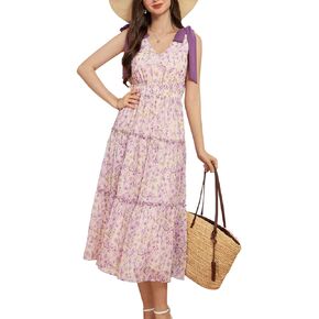 GRACE KARIN Floral Dress for Women Summer Casual Flowy Long V Neck Sundress Sleeveless Tiered Beach Wedding Guest Dress Bow