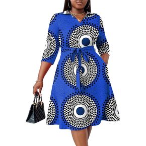 FANDEE Plus Size Midi Dress for Women - Printing Summer Dresses for Wedding Guest Cocktail Party 3/4 Sleeve V Neck（XL-5XL）