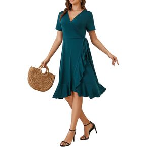 Women's Wrap Dress V Neck Short Sleeve Waist Tie Ruffle Split Midi Casual Dress