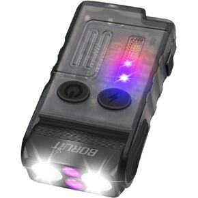 BORUIT V20 Small Powerful Flashlight 1000LM with 365nm UV, Red Blue Green Warm Light, 180° Swivels, 110dB Buzzer - Mini Keychain Pocket Rechargeable LED Flashlights USB EDC Clip Flash Light Black