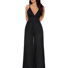 Verdusa Women's V Neck Sleeveless Set Lace Trim Wide Leg Cami Jumpsuit