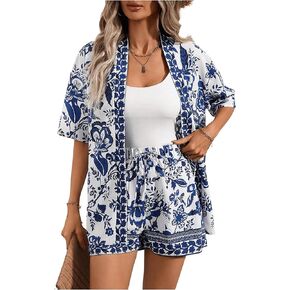 Floerns Women's Plus Size 2 Piece Outfits Floral Print Kimono Blouse with Shorts Set