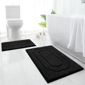 HOMEIDEAS Black Bathroom Rugs Sets 2 Piece, Extra Soft and Absorbent Non Slip Machine Washable Bath Mat Set (20" x 32" + 16" x 24")