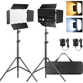 مجموعة إضاءة فيديو LED بكسل مع باب الحظيرة، 2 حزمة من إضاءة التصوير الفوتوغرافي ثنائية اللون، 2500-6500 كلفن ضوء استوديو قابل للتعتيم، CRI 95+ لوحة ضوء للتصوير بالفيديو/بث الألعاب/تسجيل الأفلام/الفيديو