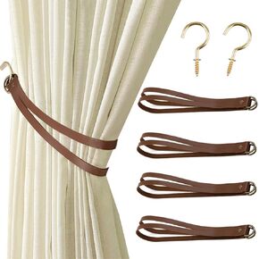 4 pcs Leather Curtain Tiebacks,Leather Curtain Rod Holder with Hooks,Office Living Room Cafe Balcony Curtain Buckle Decorative Accessory (Black)