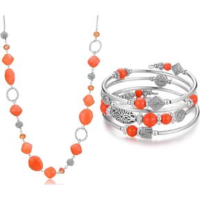BULINLIN Beaded Long Silver Necklace Layered Wrap Bangle Bracelet Set