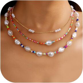 Sanfenly Colorful Beaded Necklace, 18k Gold Plated Boho Layered Pearl Bead Necklace Handmade Beach Summer Surfer Women's Choker Necklaces Shell Flower Heart Trendy Cute Long Necklaces For Women Teen Girls Jewelry Gift