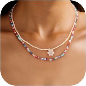 Sanfenly Colorful Beaded Necklace, 18k Gold Plated Boho Layered Pearl Bead Necklace Handmade Beach Summer Surfer Women's Choker Necklaces Shell Flower Heart Trendy Cute Long Necklaces For Women Teen Girls Jewelry Gift